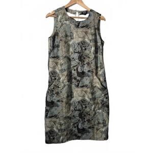Worth New York Ladies Sage Green Brown Abstract Print Sleeveless Dress Sheath Kn